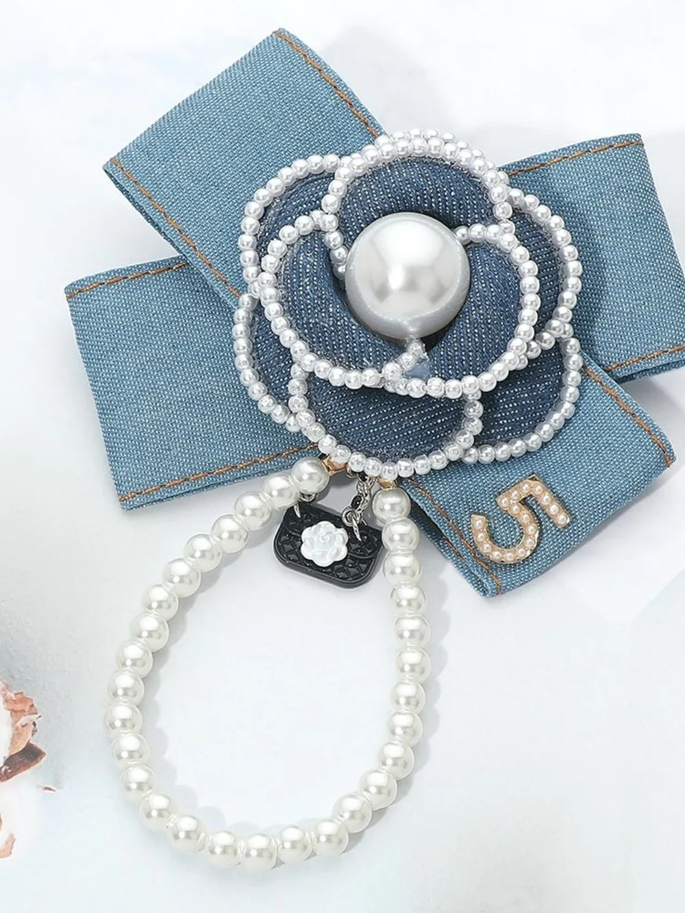 Pearl & Denim Flower Bow Brooch Hair Pin with Charm - White Pearl, Denim